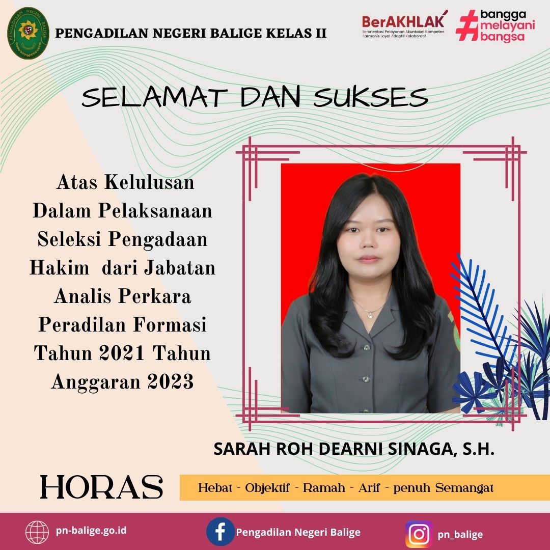 SELAMAT DAN SUKSES KEPADA SARAH ROH DEARNI SINAGA, S.H.